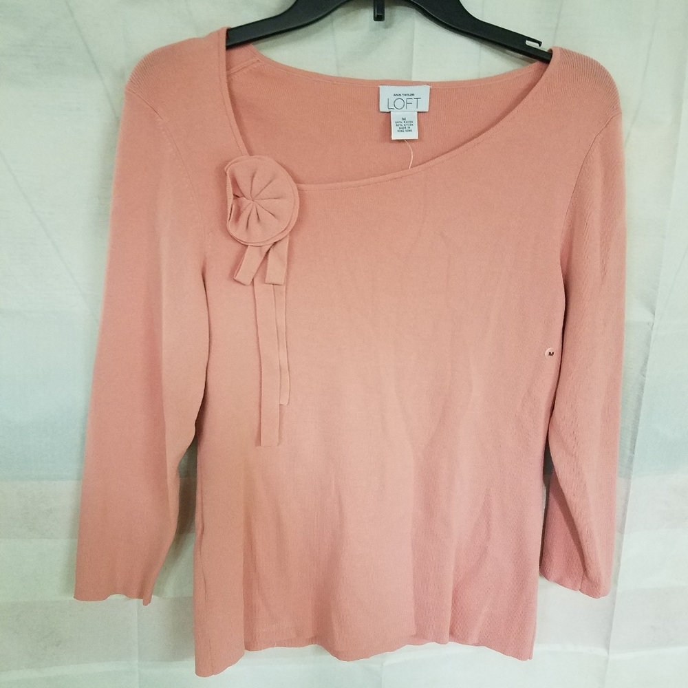 LOFT Peach Pink Scoop Neck Sweater with Rosette
